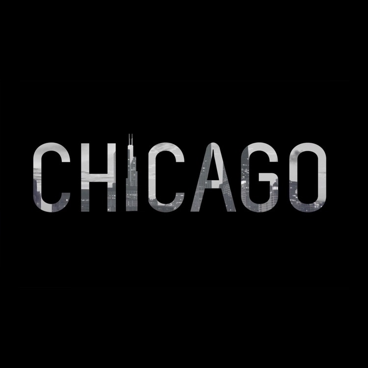 Black background with the word Chicago outlined by the city skyline