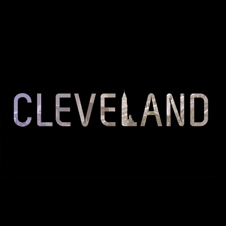 Black background with the word Cleveland outlined by the city skyline