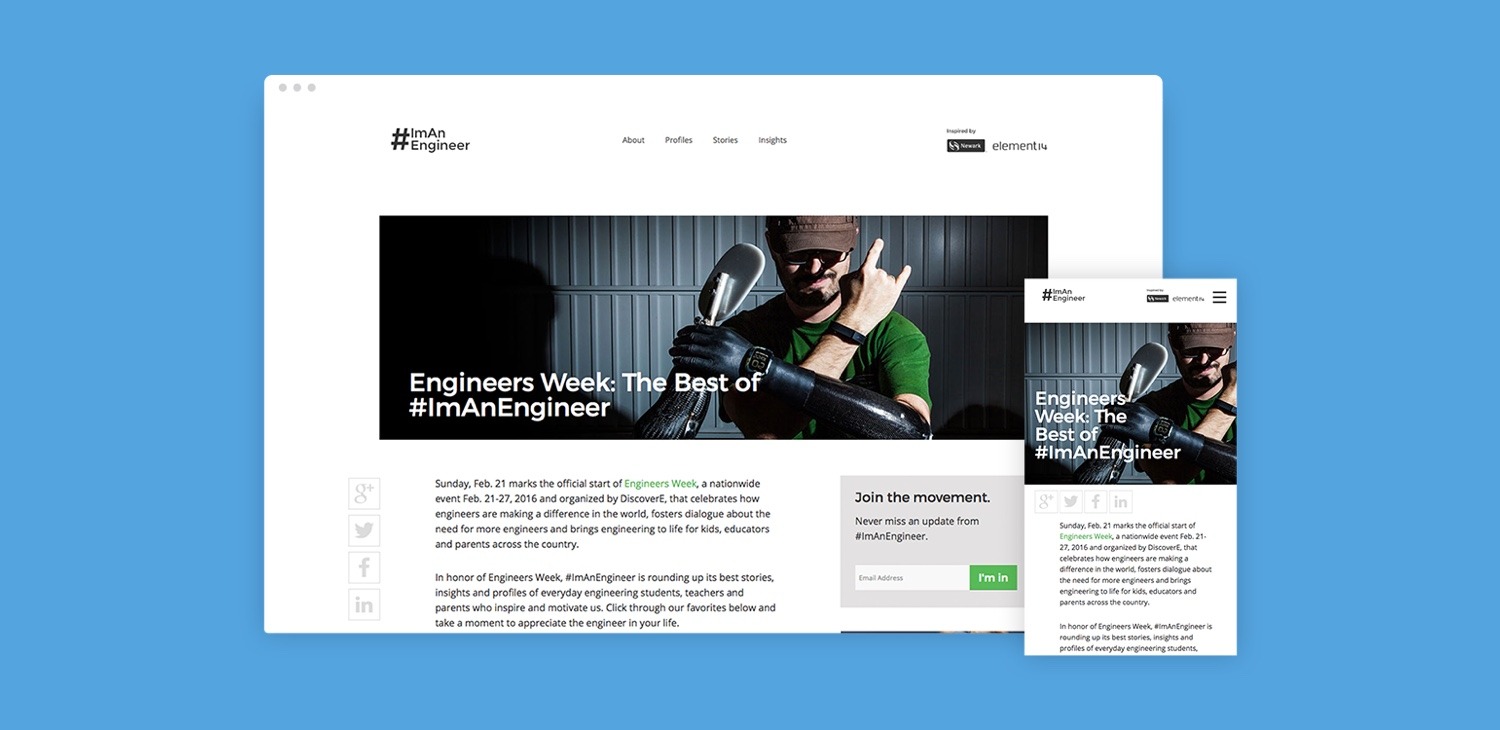 Mockup of #ImAnEngineer web page on desktop and mobile