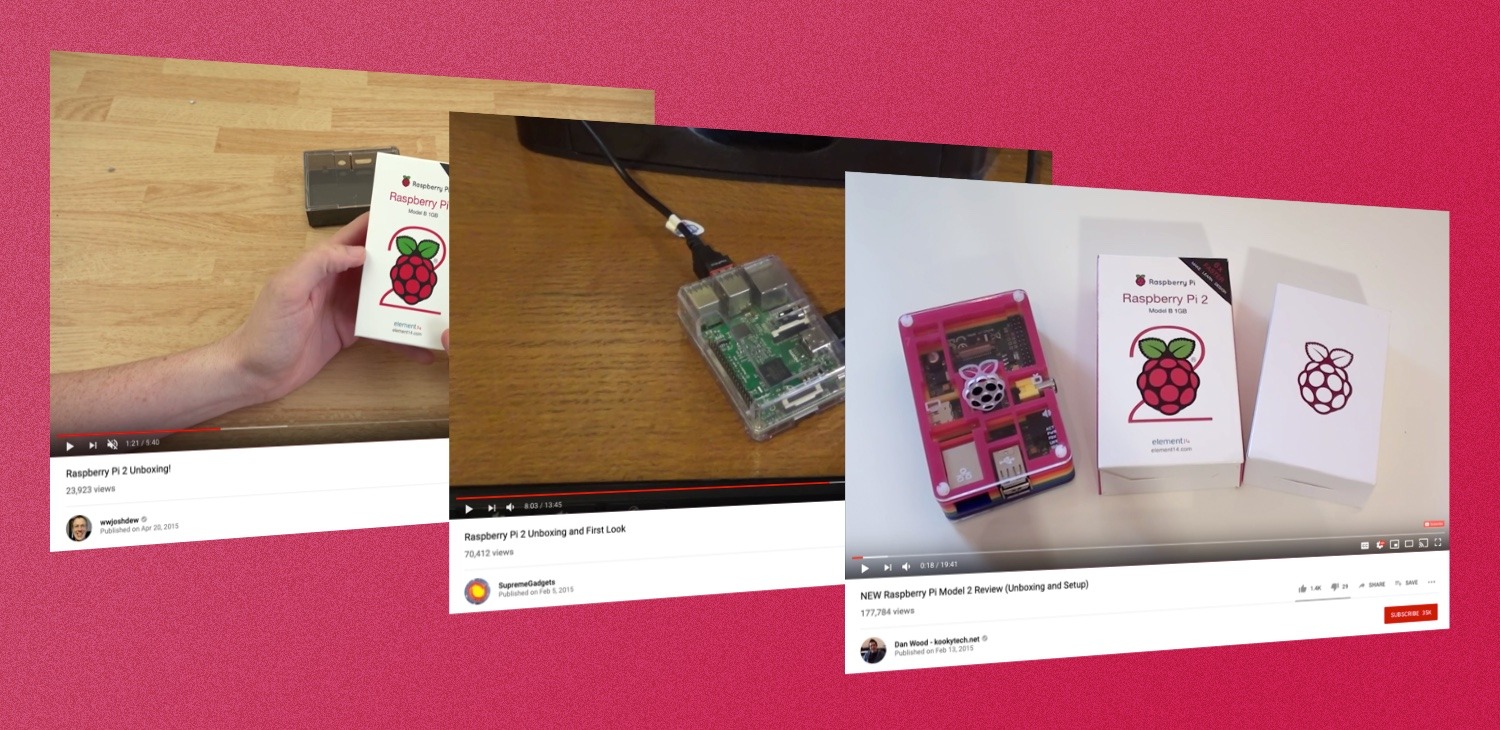 Mockups of three Raspberry Pi unboxing YouTube videos