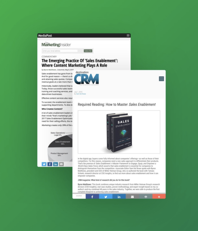 screenshots of articles from Marketing Insider and CRM about Miller Heiman Group's Sales Enablement book