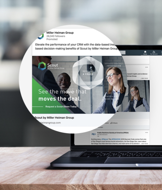 a laptop screen with a LinkedIn ad for Scout featuring two smiling people and the tagline "see the move that moves the deal"