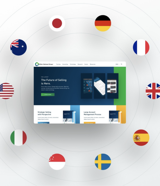 image of Miller Heiman Group's website surrounded by circular cutouts of the American, Australian, Japanese, German, French, British, Spanish, Swedish, Singaporean and Italian flags.