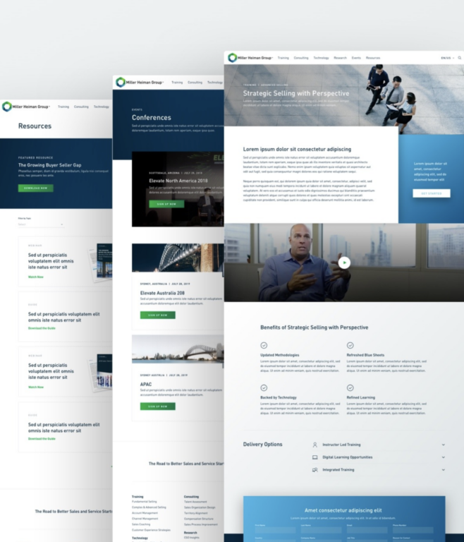 screenshots of the redesigned Miller Heiman website. pages titled resources, conferences and strategic selling with perspective