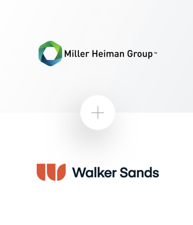 Miller Heiman Group and Walker Sands logos with a plus sign uniting them