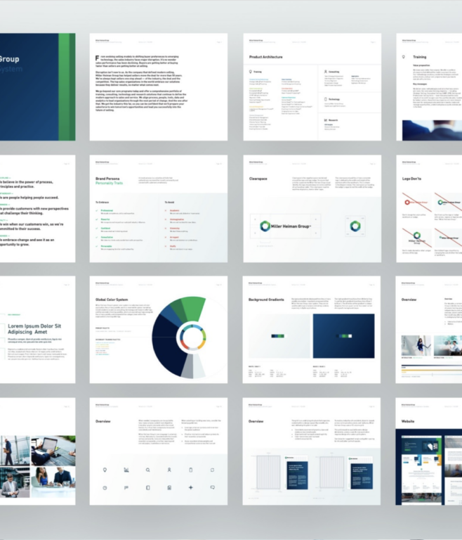 a grid with screenshots of the new Miller Heiman Group brand guidelines