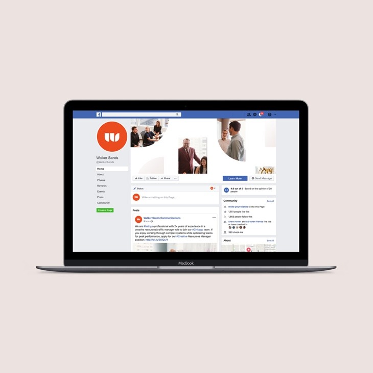 Mockup of Walker Sands Facebook page on a laptop screen