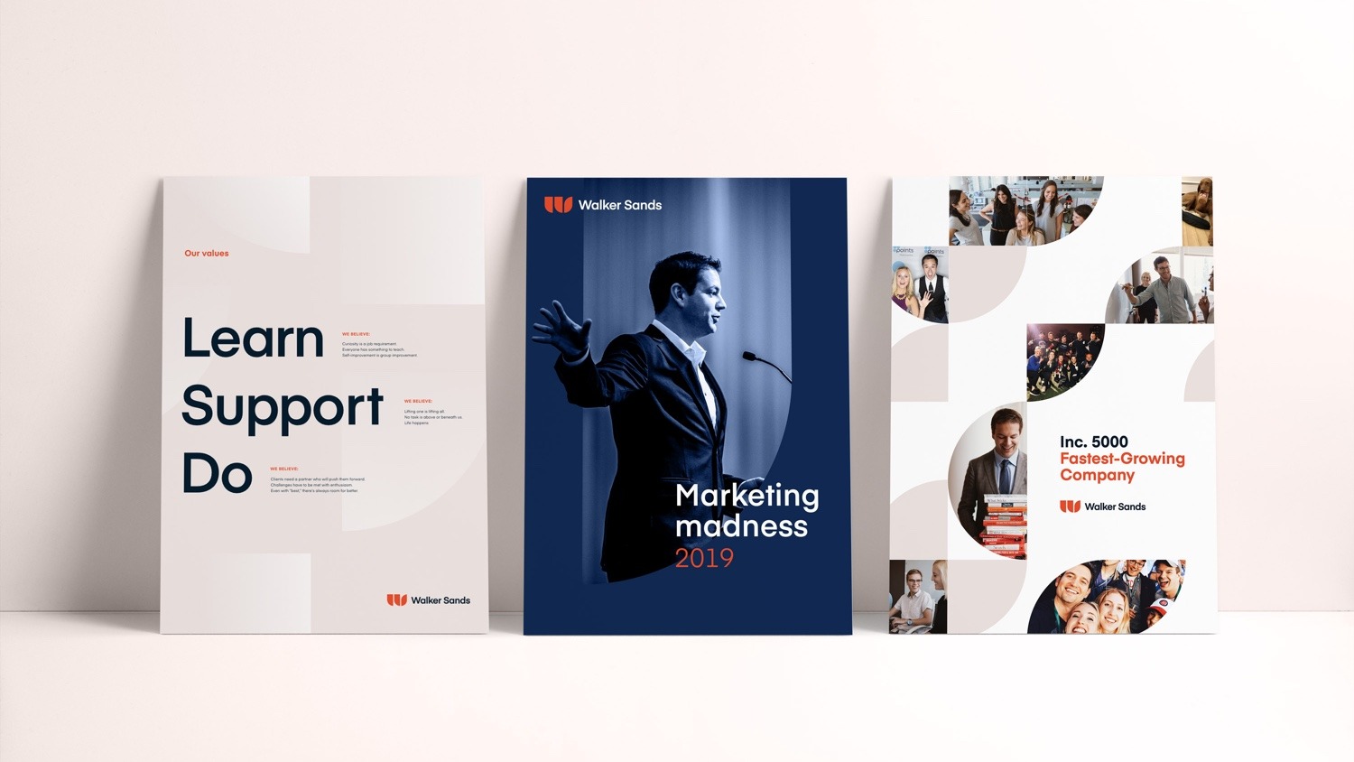 Mockup of marketing materials featuring the new Walker Sands brand