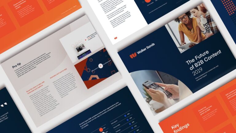 collage of orange, dark blue and white Walker Sands collateral including the future of B2B content 2019 report