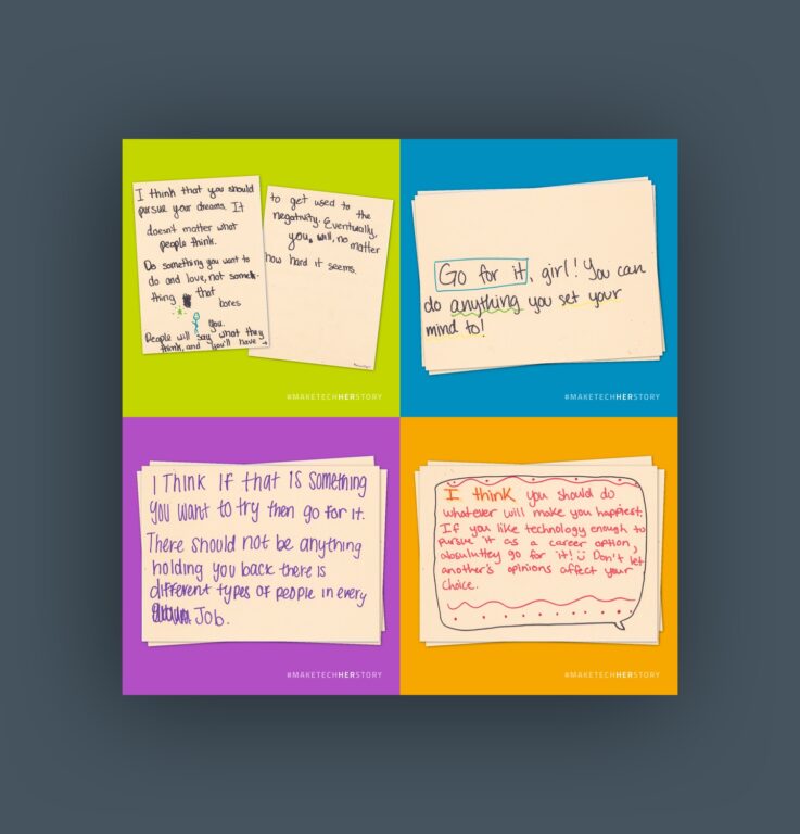 A collage of four handwritten sticky notes with messages of encouragement for women in technology. 