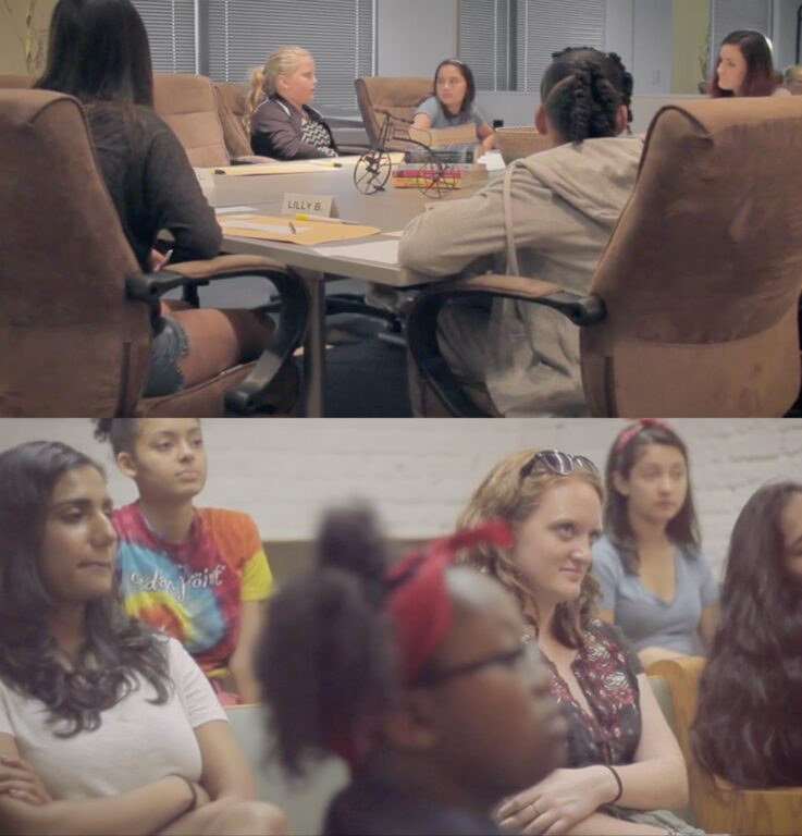 photo of a focus group of girls discussing women in the technology industry above another photo of the girls' mothers watching the focus group