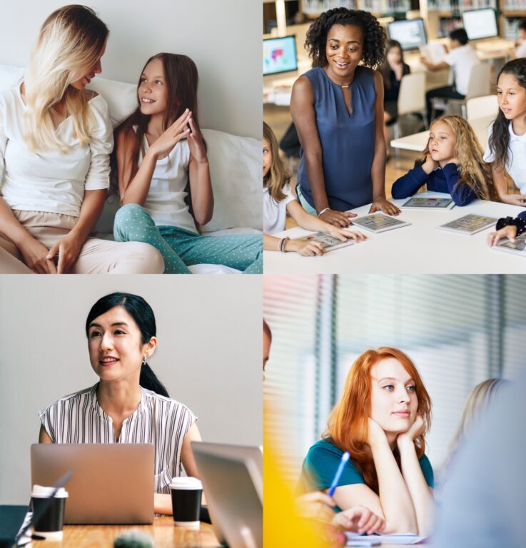 graphic of four photos showing a young girl and her mother in bed, a professional woman at a table of young girls, a businesswoman in a meeting with laptop, and a high school girl in class