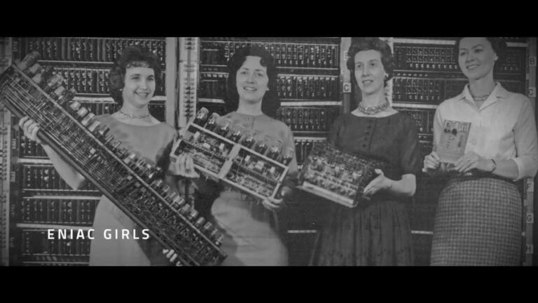 screenshot of a clip from the make tech her story campaign's documentary-style video showing the eniac girls