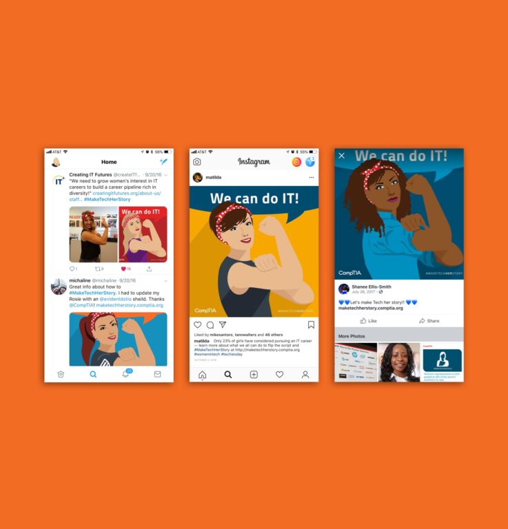 card with three screenshots of personalized rosie the riveter on twitter, instagram and facebook