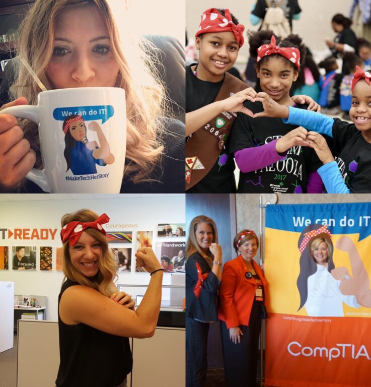 four photos of women and girls posing with rosie the riveter materials, including bandanas and a coffee cup