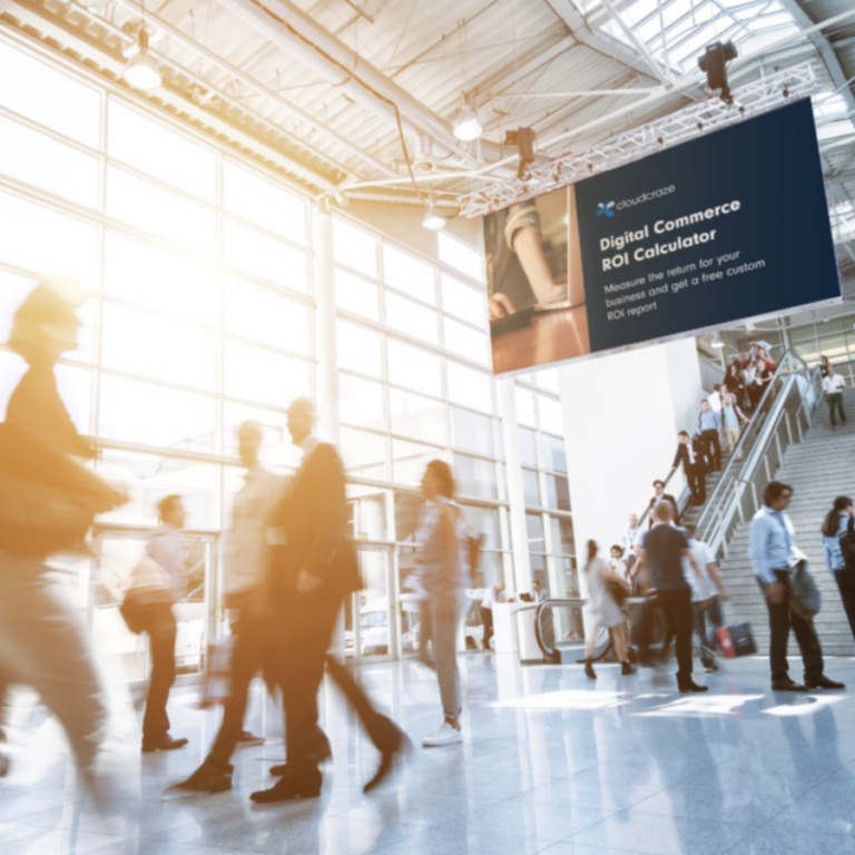 business people walking in bustling area with cloudcraze billboard in background