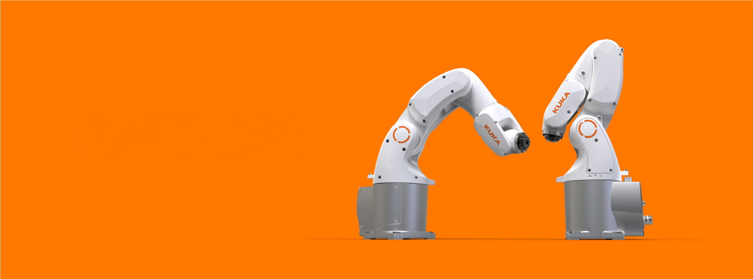 two white robotic manufacturing arms on an orange background