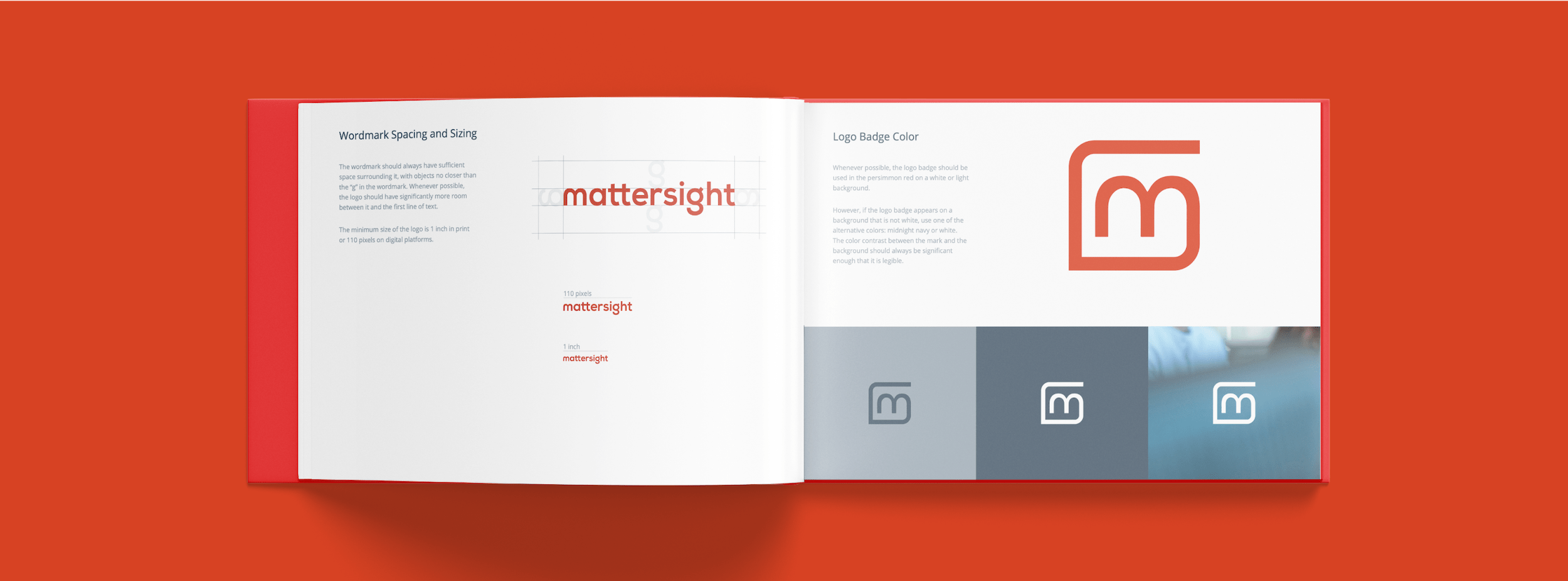 the mattersight brand guidelines open to pages titled "wordmark spacing and sizing" and "logo badge color"