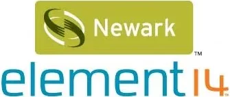 A green Newark logo and a blue and orange element 14 logo