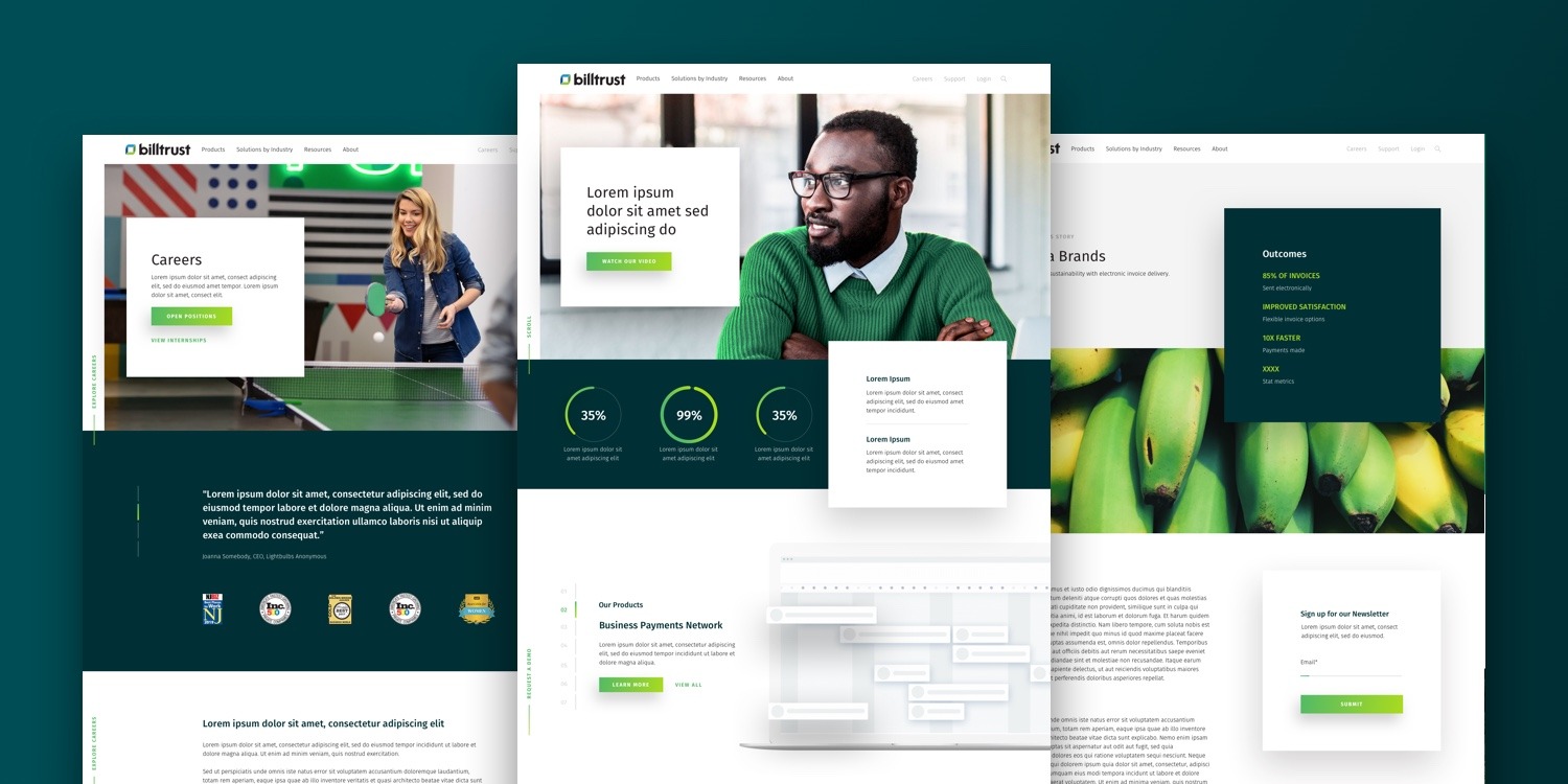 Mockup of three web pages in the new Billtrust brand