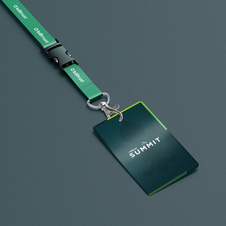 Mockup of conference badge on a lanyard featuring the Billtrust Summit branding