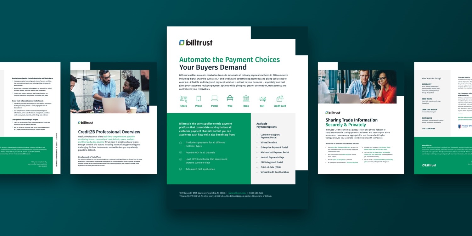 Mockup of Billtrust marketing materials featuring the new brand