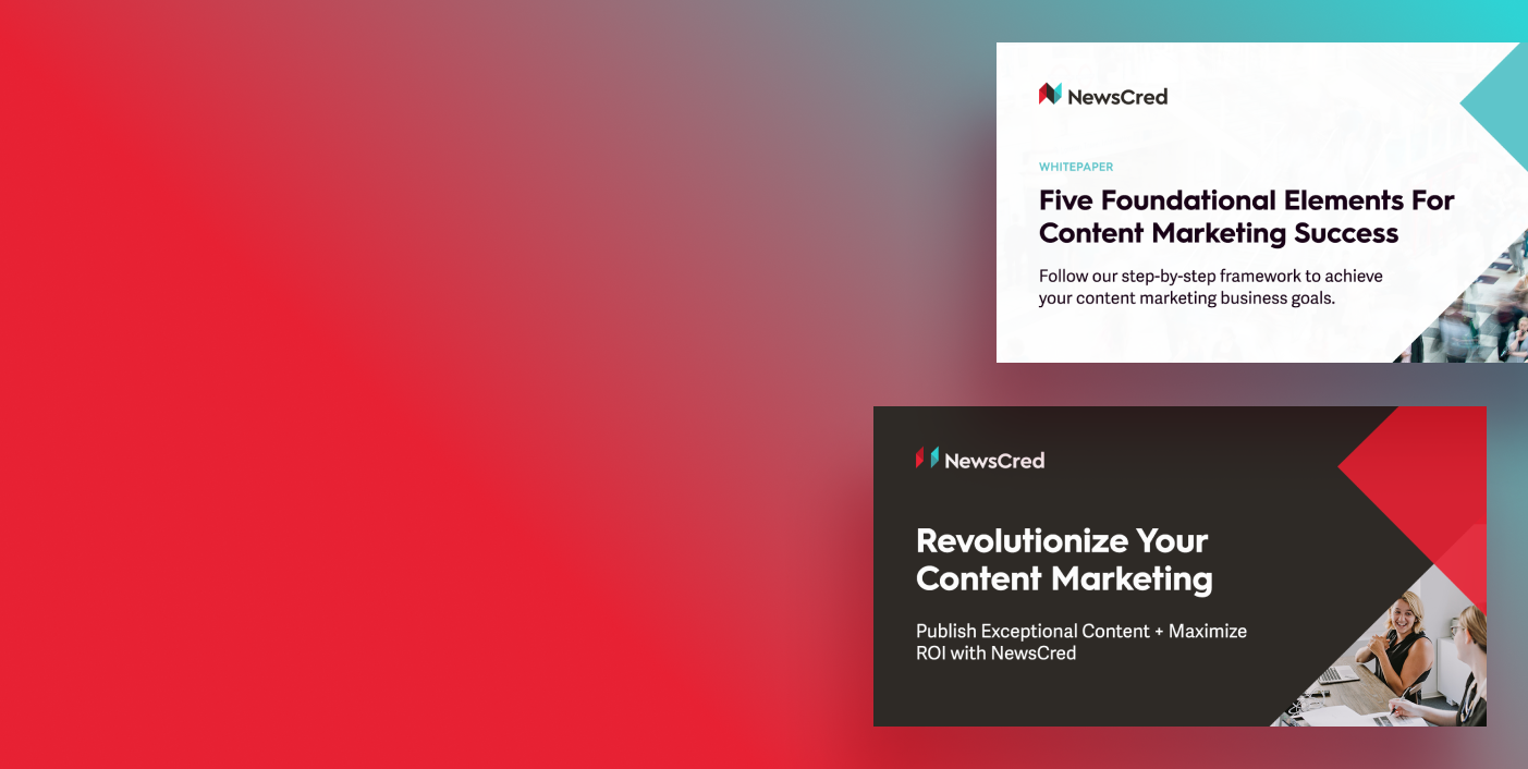 two screenshots of NewsCred content with a red and blue gradient background