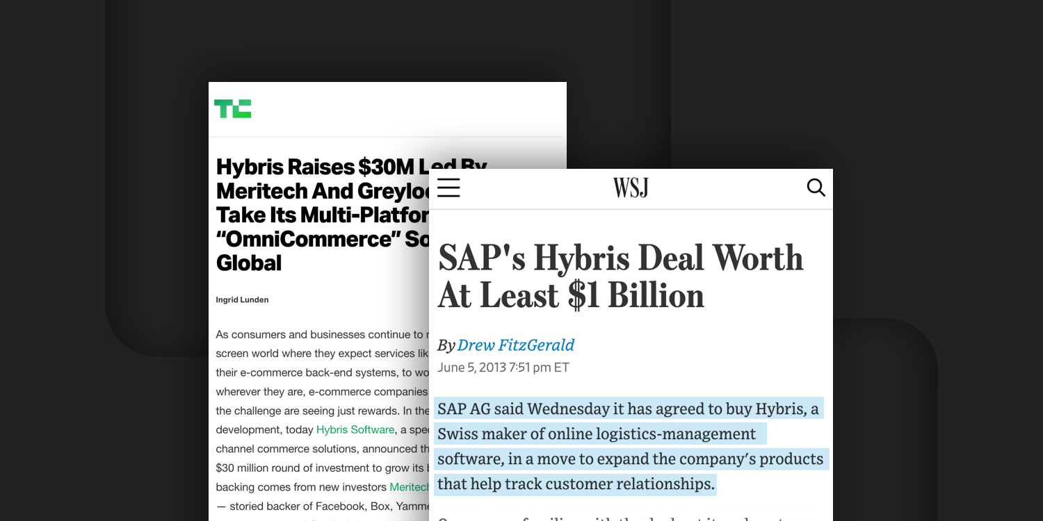 Hybris TechCrunch and The Wall Street Journal PR placements