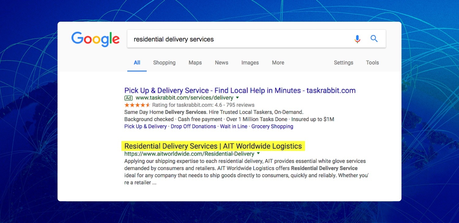 Mockup of Google search results for "residential delivery services" showing AIT in the number one spot