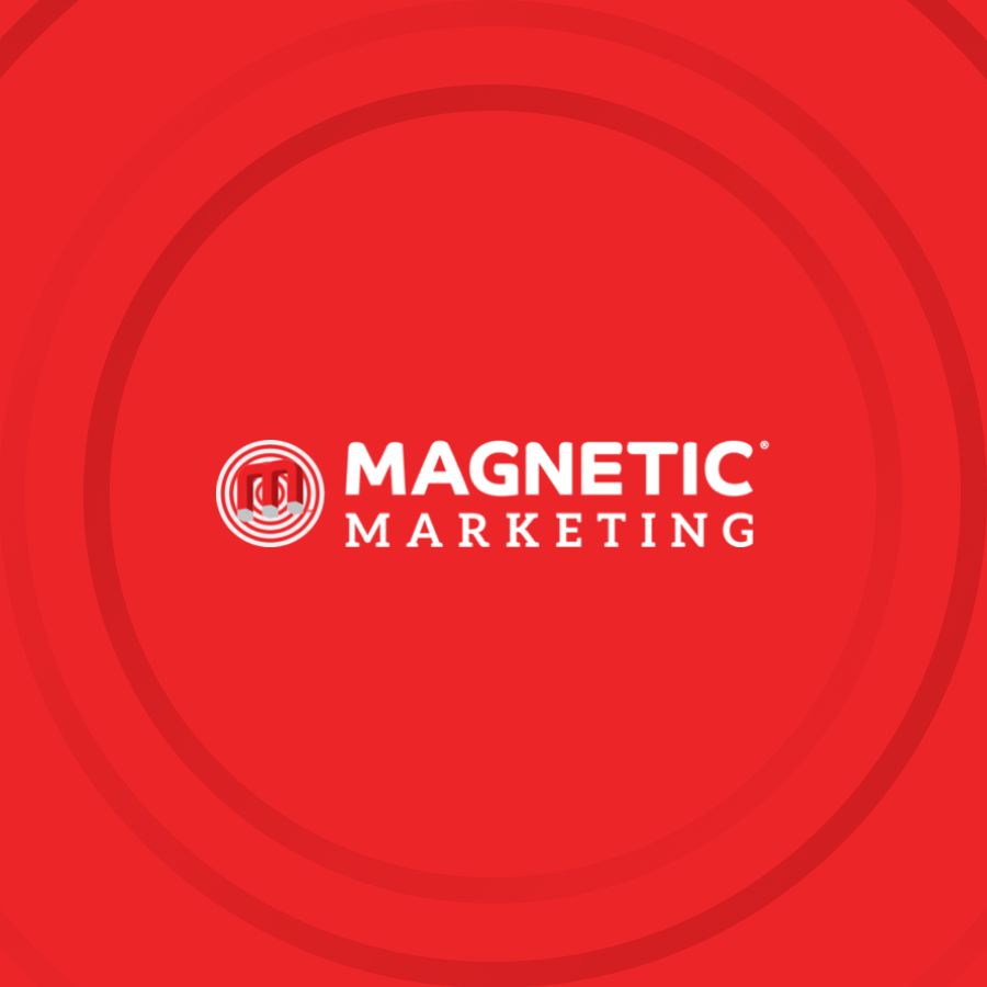 a red magnetic marketing logo with a stylized M that looks like a magnet