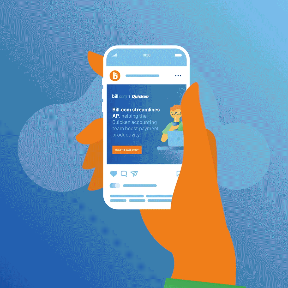 animation of a hand scrolling through Bill.com social media posts on a smartphone