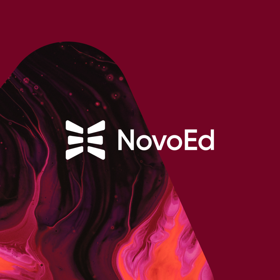 NovoEd logo on a marbled black and red ground