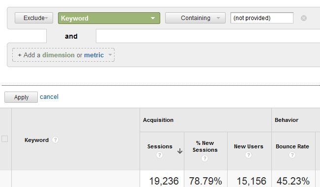 Google analytics screenshot showing the Organic Search Traffic report with a filter set to exclude sessions where keywords were not provided, leaving 19,236 sessions to display.