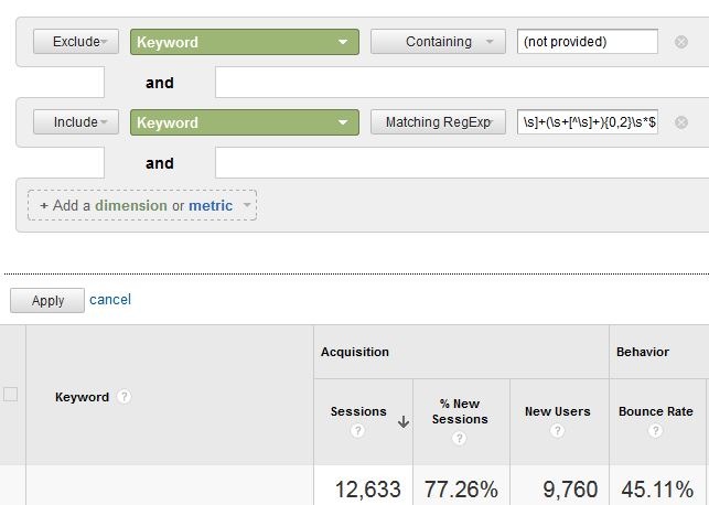 Google Analytics screenshot showing the same Organic Search Traffic report as above, with an additional filter to include keywords matching the formula ^\s*[^\s]+(\s+[^\s]+){0,2}\s*$