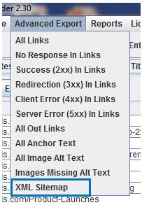 Menu showing XML sitemap in a blue box