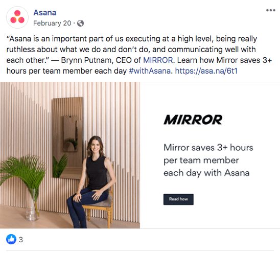 Asana customer testimonial Facebook post