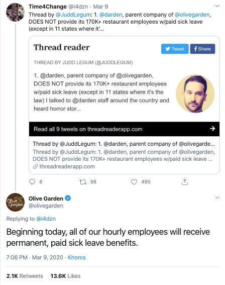 Olive Garden paid sick leave tweet