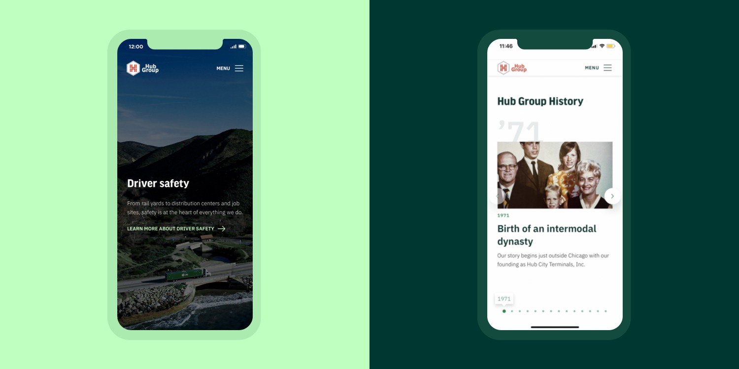 Two cell phones showing mobile versions of Hub Group's new website