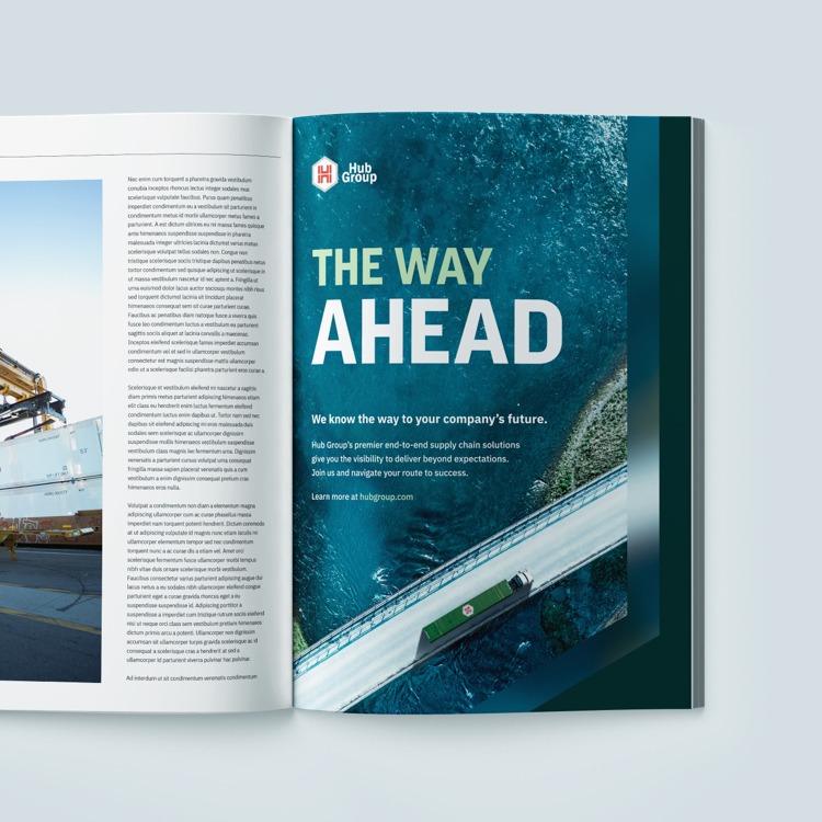 Mockup of a Hub Group advertisement reading The Way Ahead in a magazine