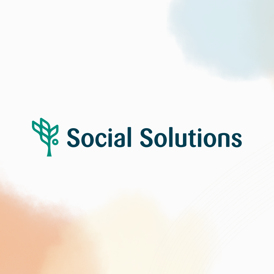 Social Solutions logo on a white background with orange, yellow, and blue watercolor clouds