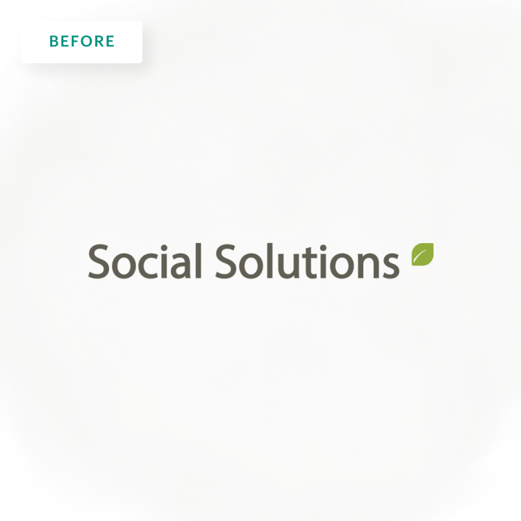 image labeled "before" with the old social solutions logo with a single light green leaf