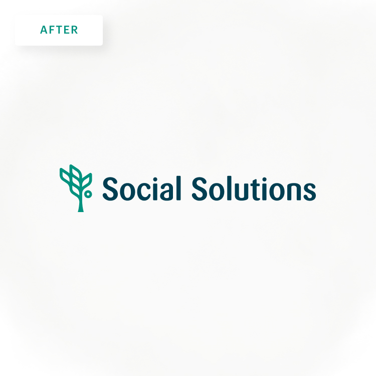 image labeled "after" with the new social solutions logo mark: an outline of a green tree with five leaves and a small circle