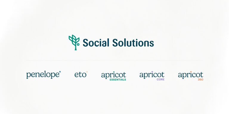 the new social solutions logo above logos for their products: penelope, eto, apricot essentials, apricot core and apricot 360. each product logo includes the small circle from the brand logo, each in a different color: dark blue, peach, mint green, purple or apricot