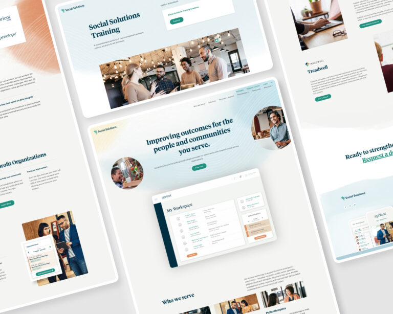 pages from the new social solutions website with headlines including "social solutions training" and "Improving outcomes for the people and communities you serve."