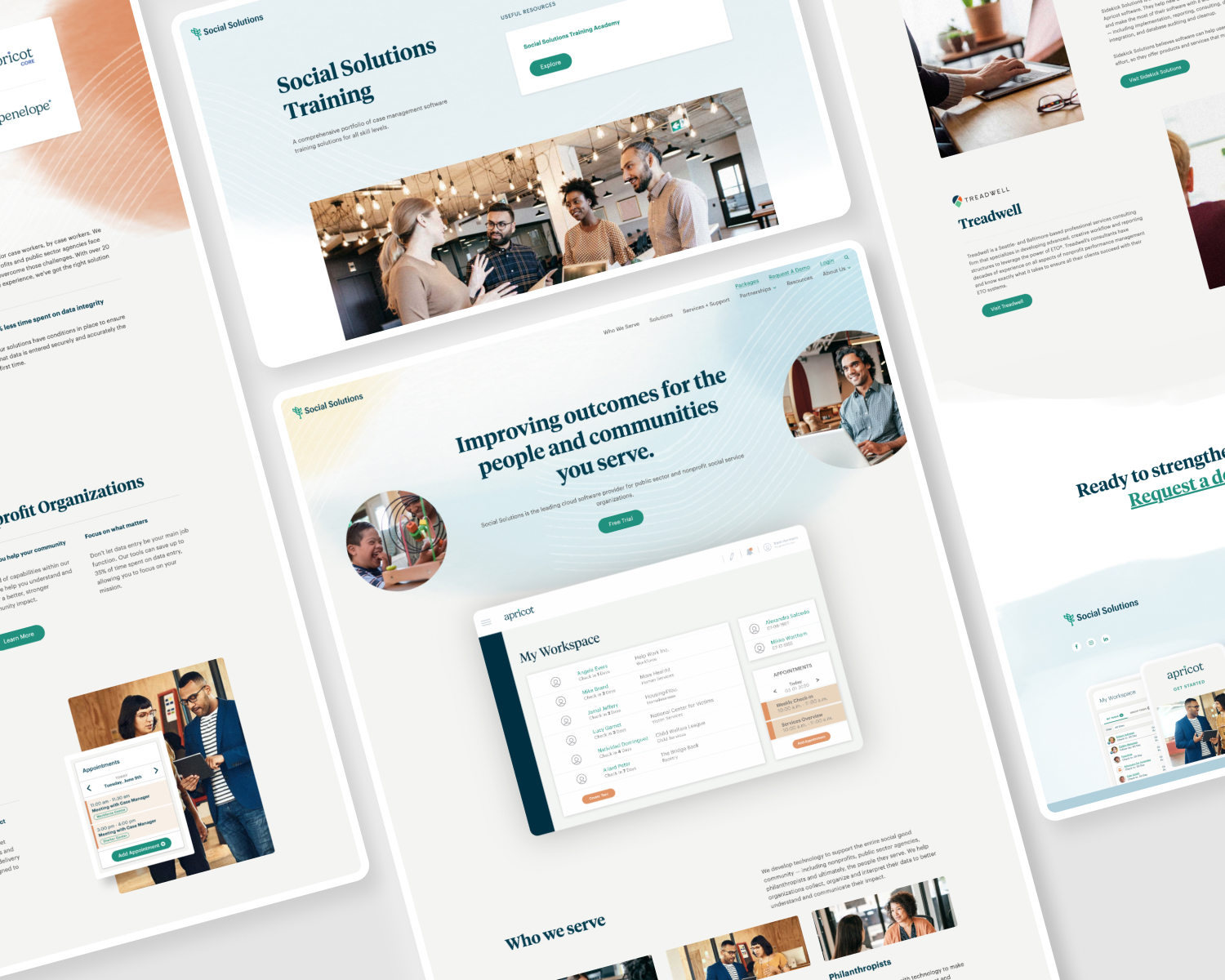 Mockup of updated Social Solutions web pages with the new brand