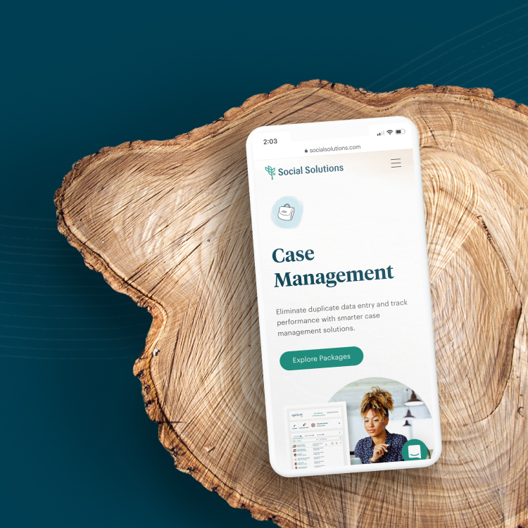 a smartphone displaying a page from the social solutions website with the title case management, sitting on top of a section of a tree trunk on a dark green background