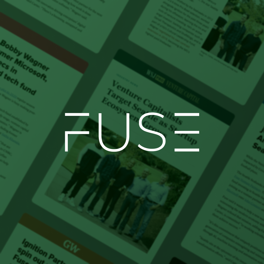 White Fuse logotype over green tinted screen with screenshots of media coverage in the background