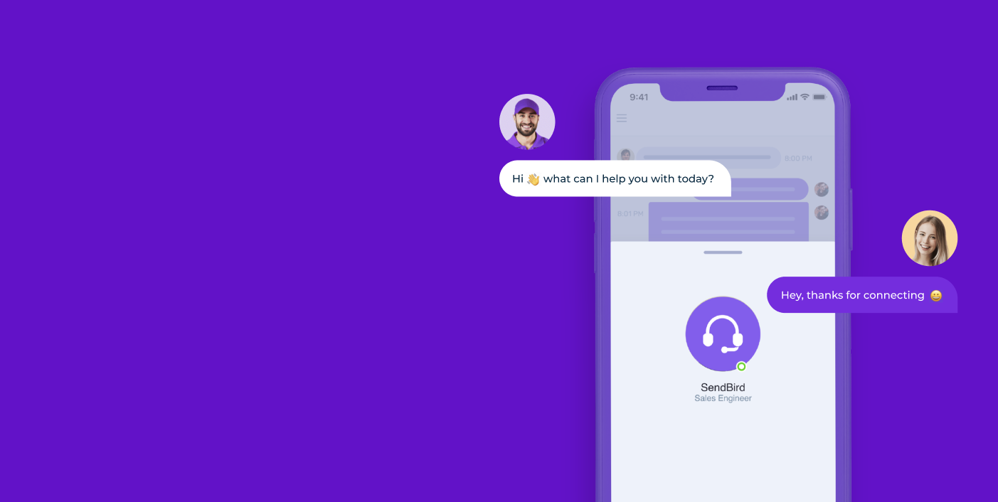 mockup of a smartphone with chat bubbles showing a man's avatar with the text "hi, what can I help you with today?" and a woman's avatar with the text "hey, thanks for connecting" all on a purple background
