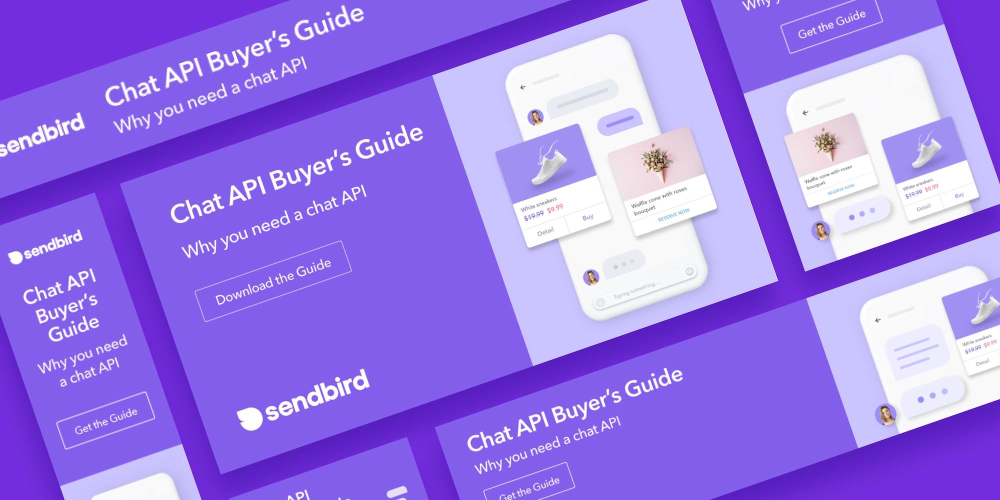 Compilation of mockups featuring Sendbird's Chat API Buyer's Guide paid ads