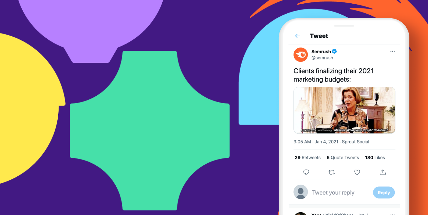 Screenshot of Semrush tweet, meme, against colorful background